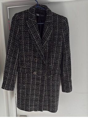 Zara Black & White Tweed Double-Breasted Blazer Coat